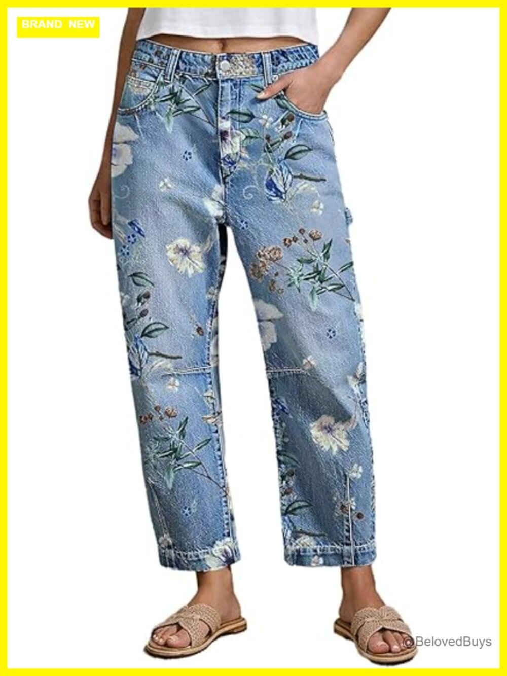 Mid Rise Barrel Leg Jeans Floral Print Wash Casual Denim Pockets